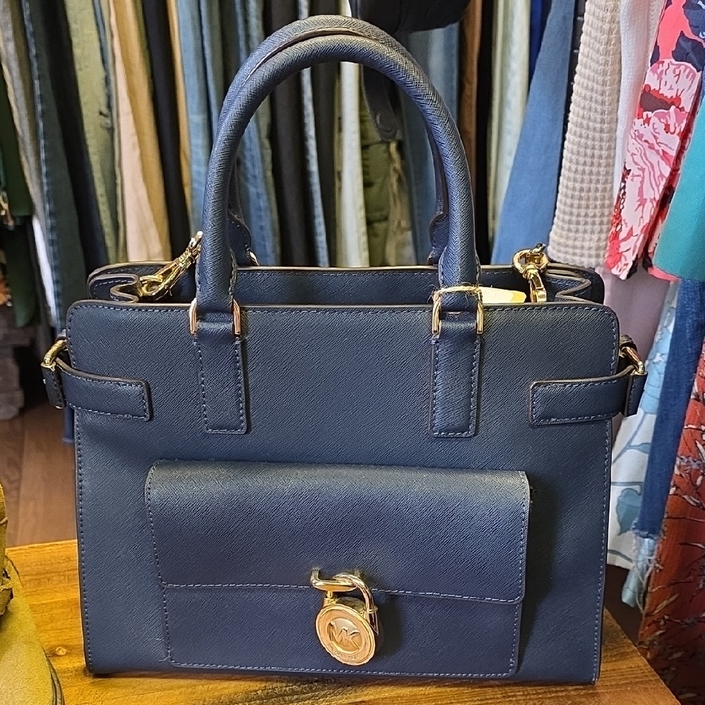 Michael Kors Navy Saffiano Leather Satchel with Gold Hardware